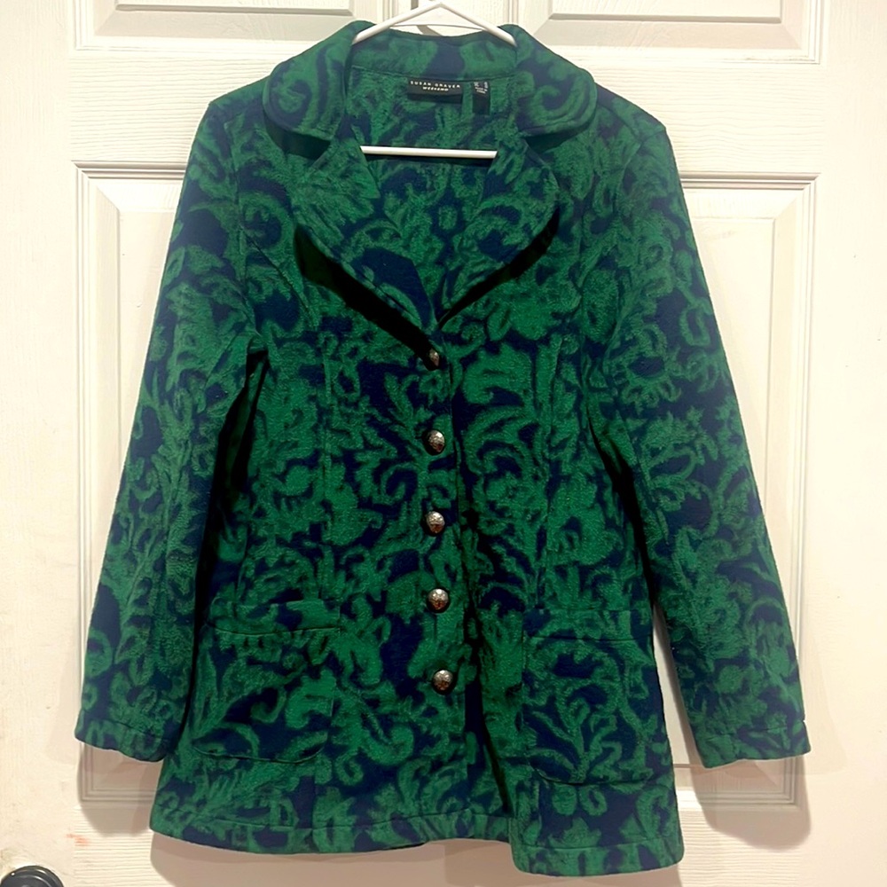 SUSAN CRAVER GREEN AND BLUE PRINTED FLEECE JACKET Sz Small